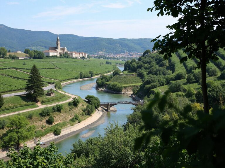 A sweeping view of a European river valley with vineyards and a small old village on the hillside