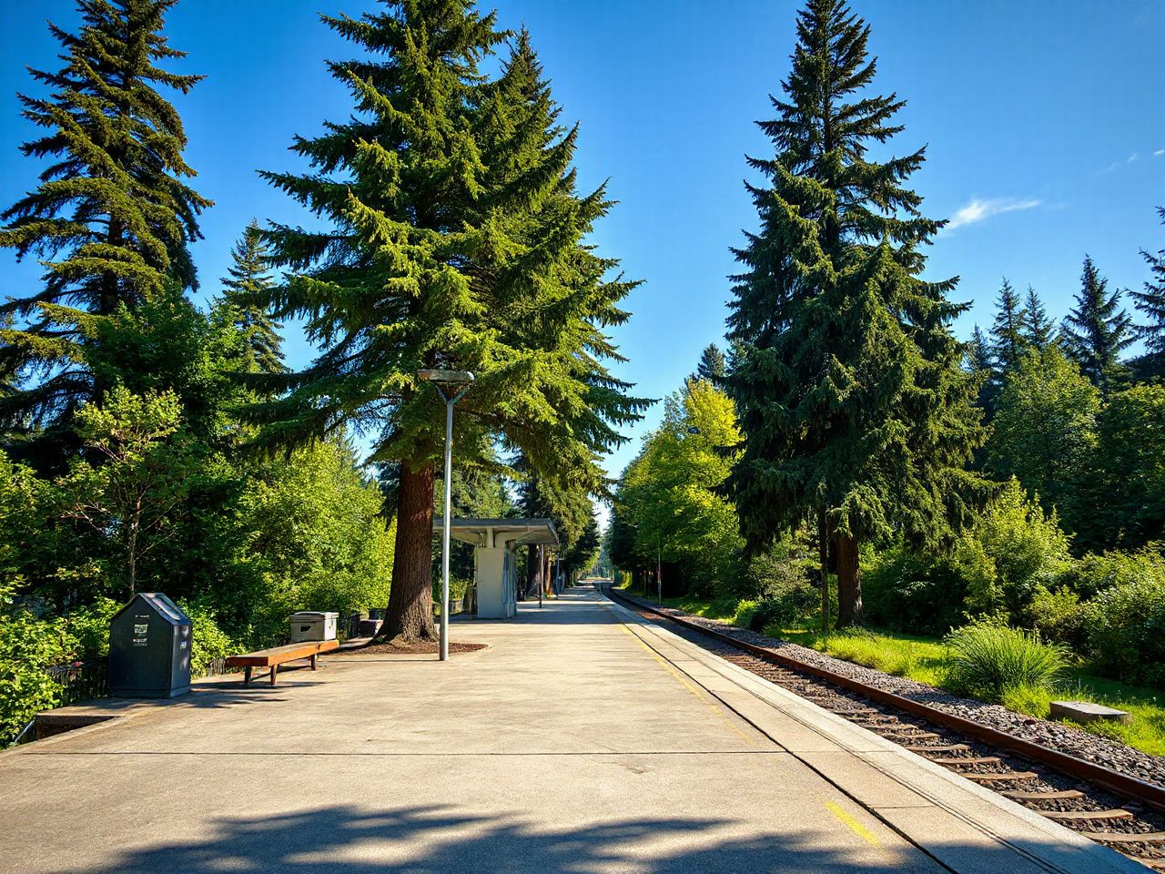 A quiet train station platform nestled among tall trees under a bright blue sky