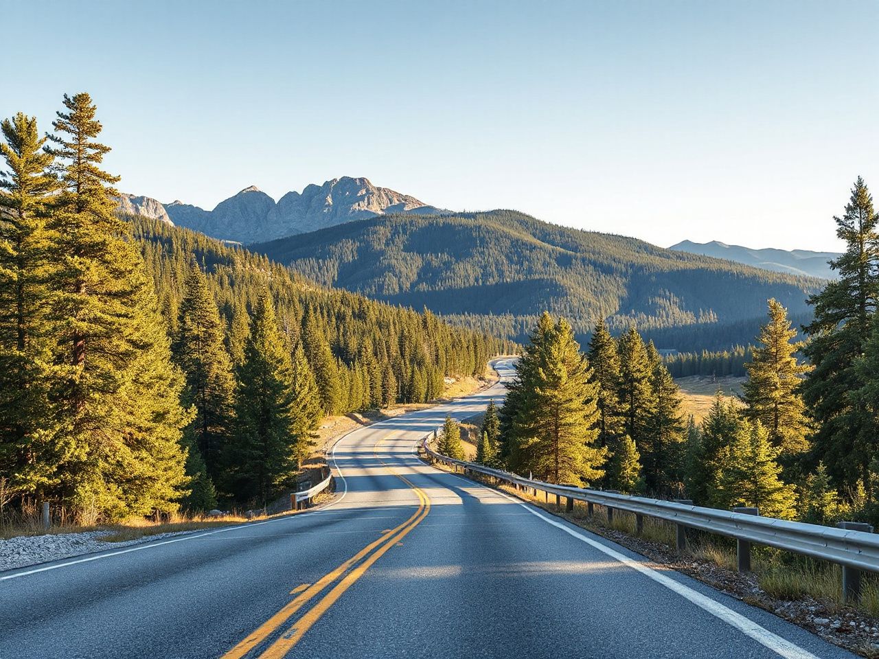A winding mountain highway cutting through sunlit pine forests on a clear day