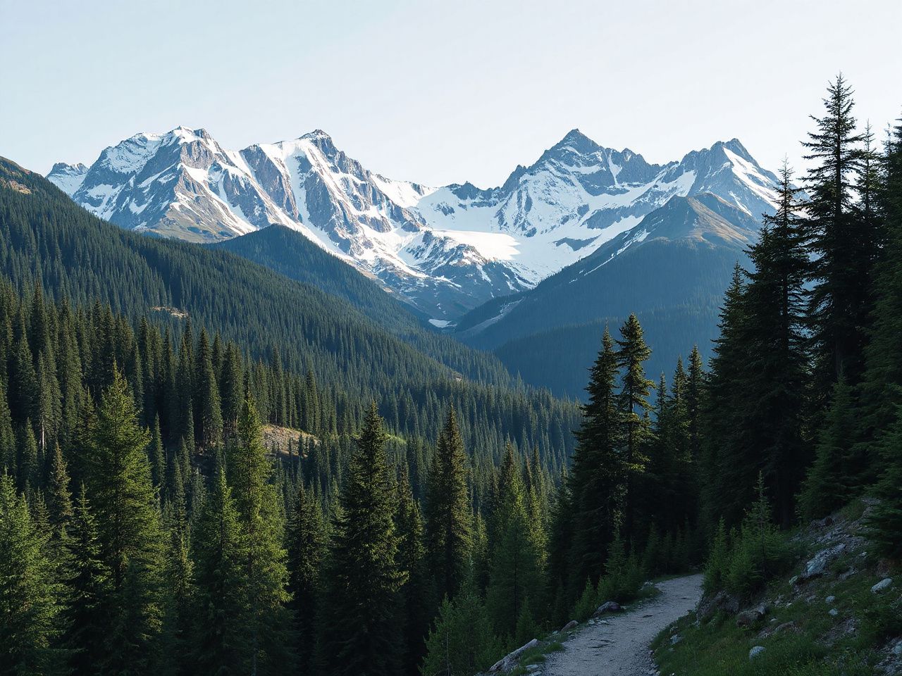 Jagged snow-capped peaks rise above dense evergreen forests along a winding mountain trail in North Cascades National Park
