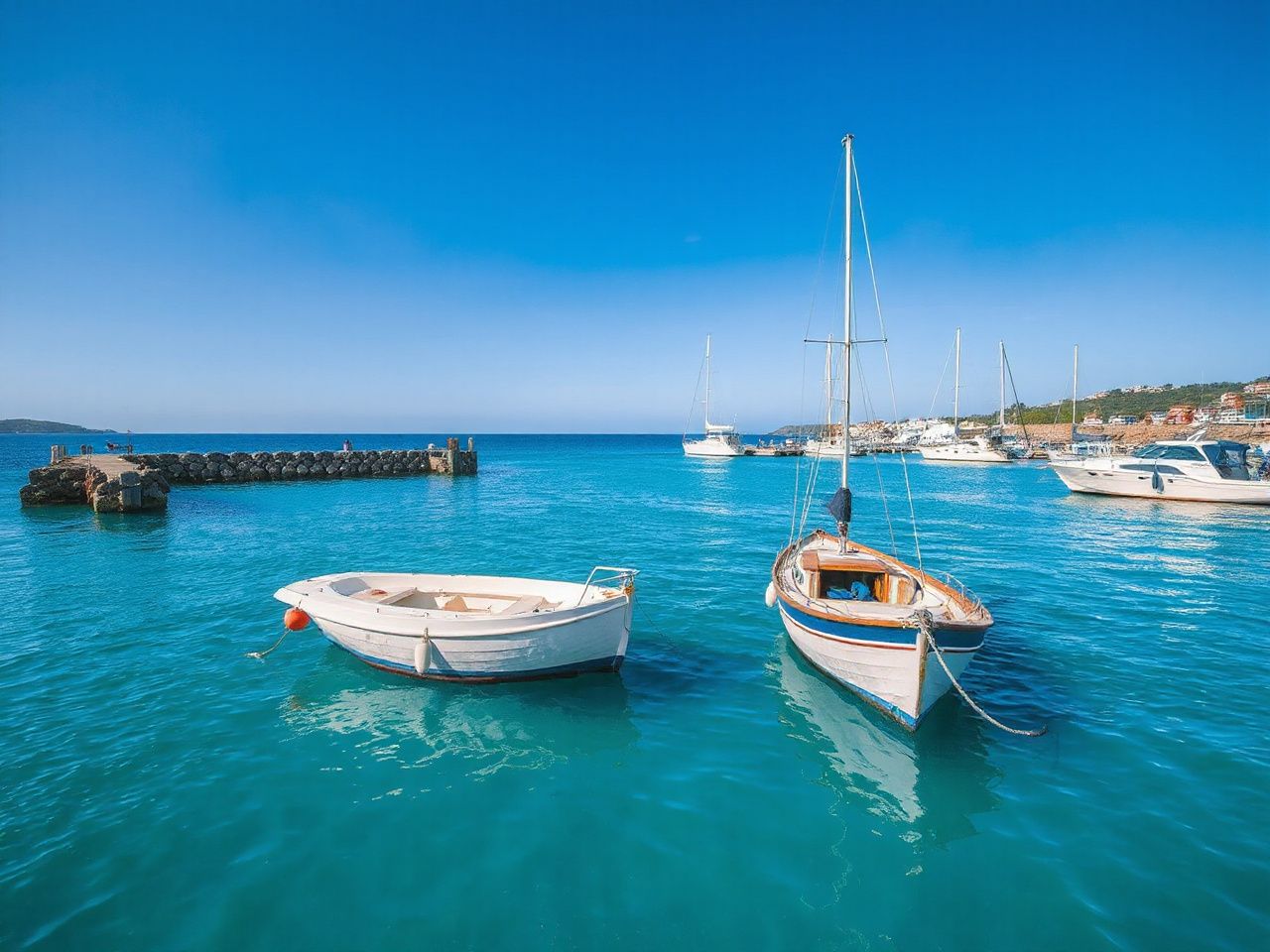 A quiet harbor with moored boats and clear blue water under a bright midday sky