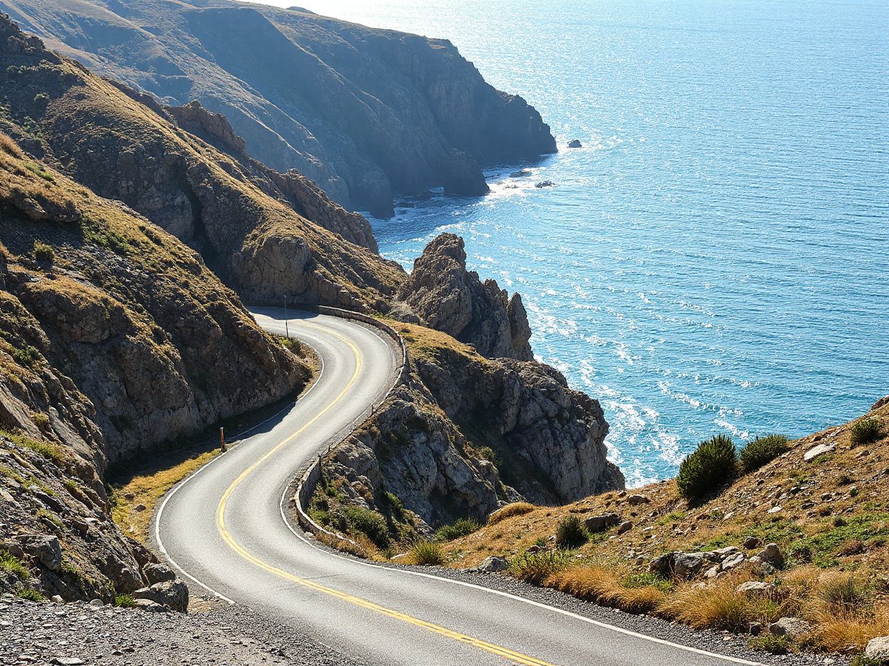 A winding coastal road along rugged cliffs with sunlight reflecting off the calm sea