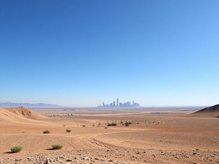 A panoramic view of a desert landscape with clear blue skies and distant skyscrapers in the background