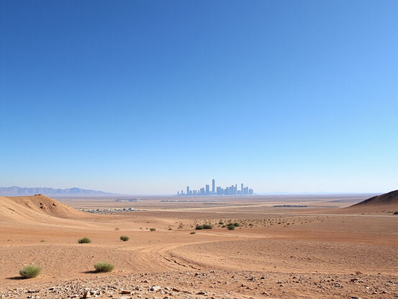 A panoramic view of a desert landscape with clear blue skies and distant skyscrapers in the background