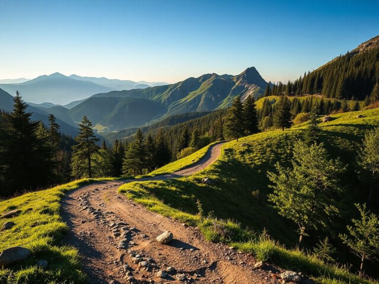 A winding mountain trail bathed in morning sunlight, surrounded by lush green trees and distant peaks