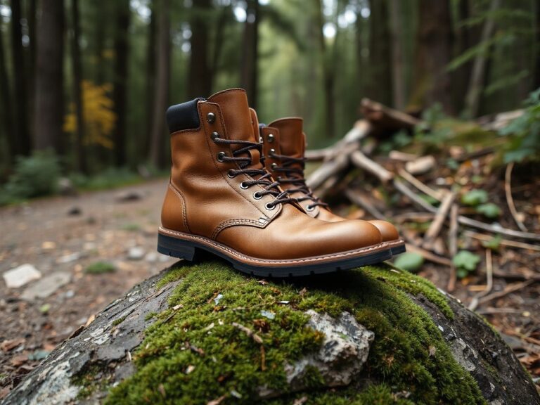 A pair of plain brown leather hiking boots standing on a mossy rock beside a forest trail