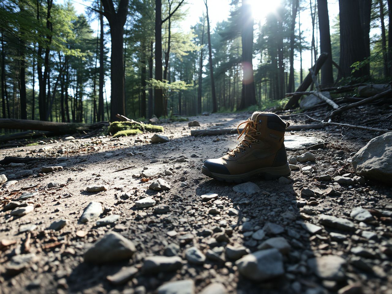 Sunlit forest trail with uneven rocky ground illustrating the importance of boot volume and fit