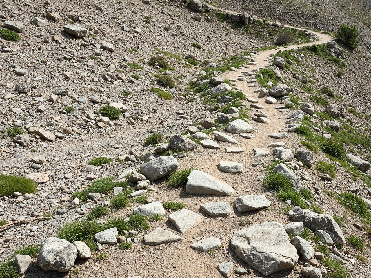 A winding mountain trail with uneven terrain illustrating natural foot movement and rocker geometry outdoors