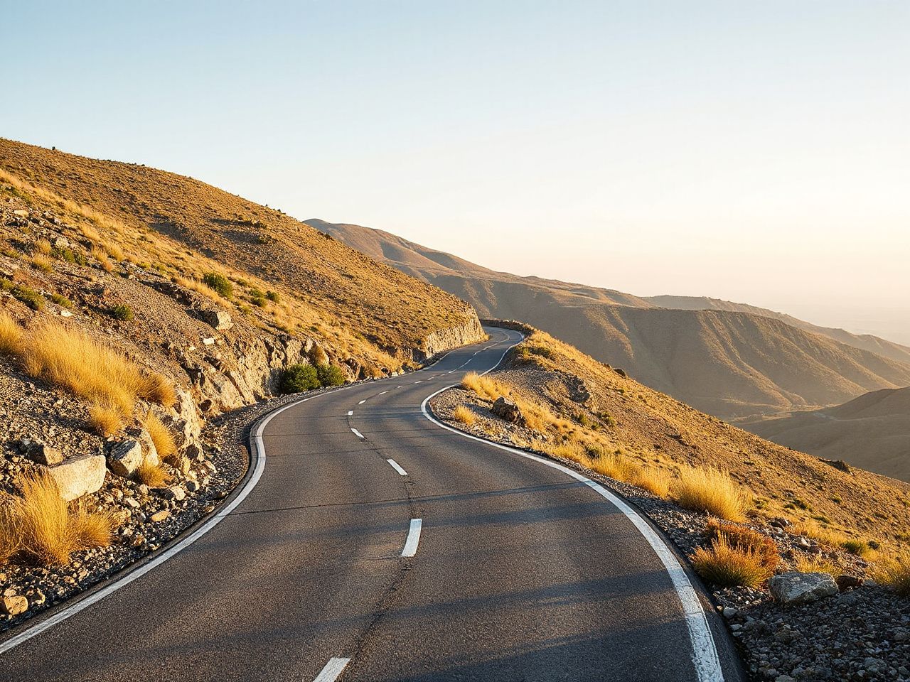 A winding mountain road bathed in morning light, illustrating natural alignment and balance in outdoor terrain