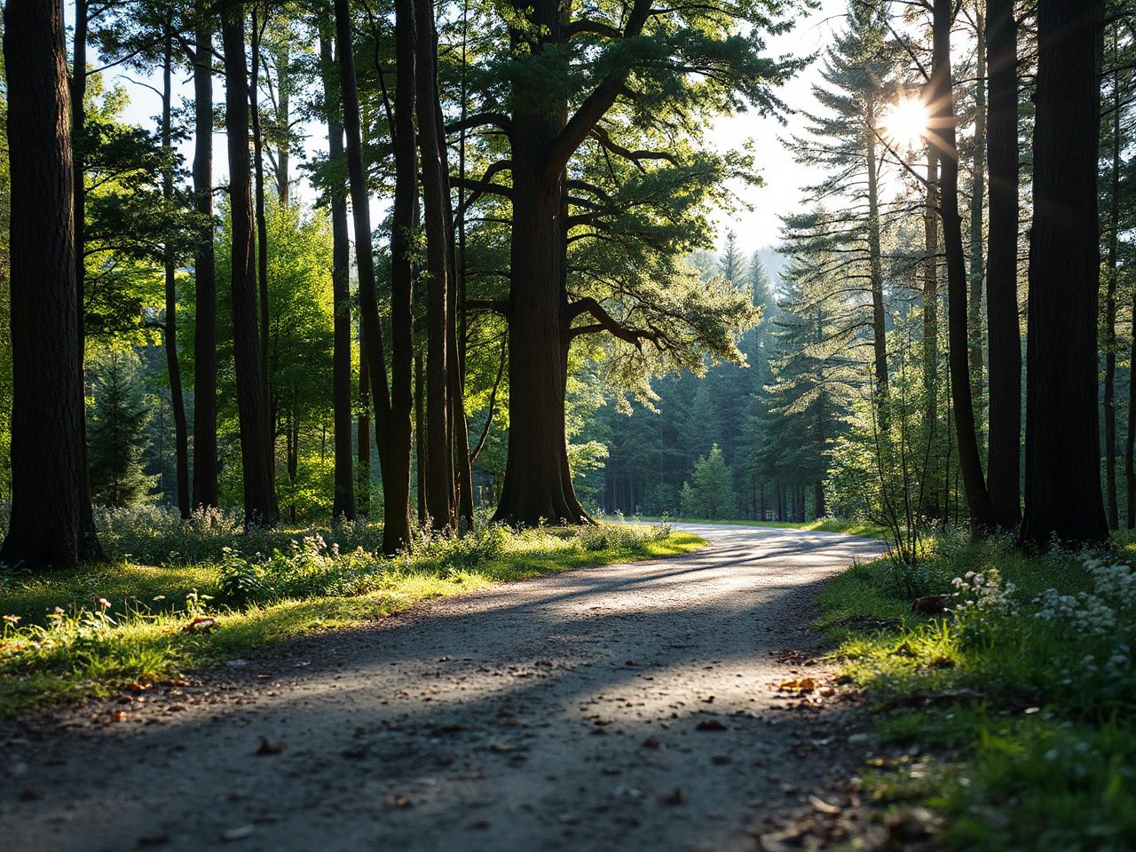 A quiet forest trail with sunlight filtering through the trees, symbolizing ongoing care and attention in shoe insert use