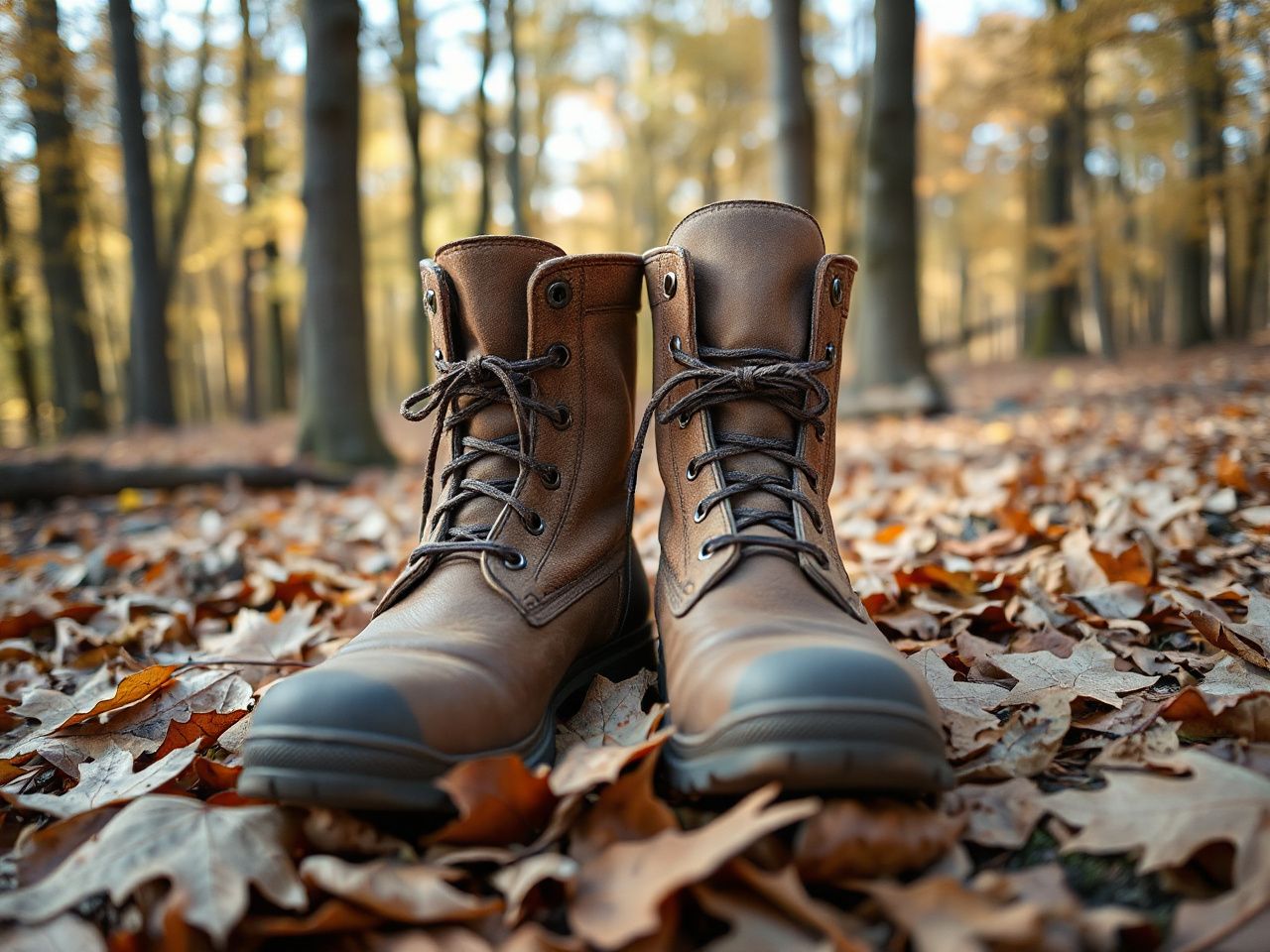 A pair of plain brown waterproof hunting boots standing on fallen autumn leaves in a forest