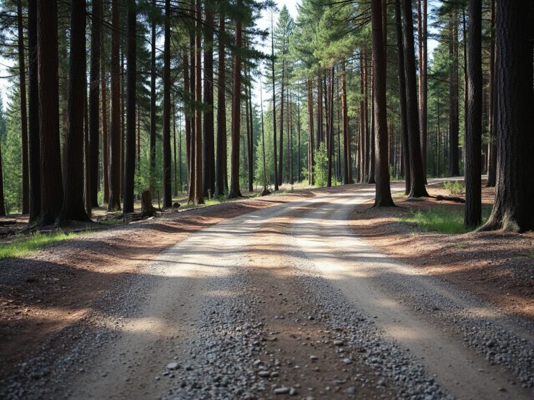 A gravel forest trail winding between tall pines, with bicycle tire tracks in the dirt
