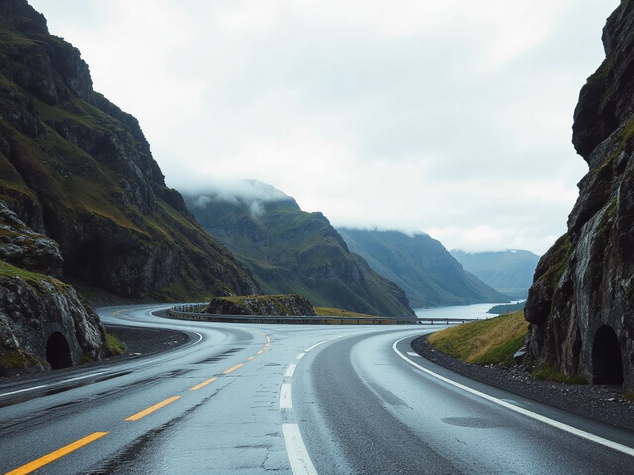 Winding mountain road along steep fjord cliffs under overcast skies, with rain-slicked pavement and tunnel entrances visible