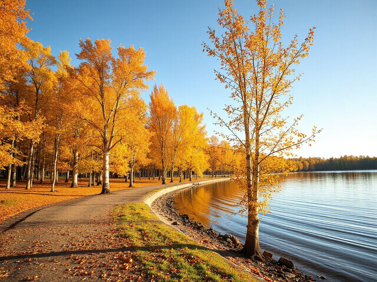 Golden birch trees lining a quiet lakeshore, reflecting vibrant autumn colors under soft September sunlight