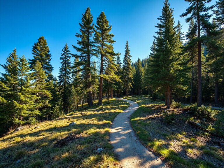 A sunlit mountain trail winding through tall pine trees under a clear blue sky, inviting solo exploration