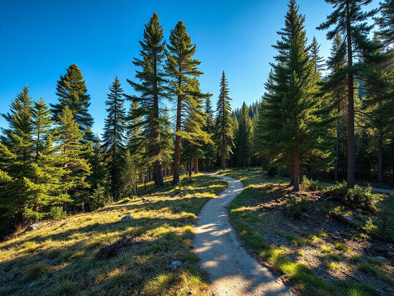 A sunlit mountain trail winding through tall pine trees under a clear blue sky, inviting solo exploration