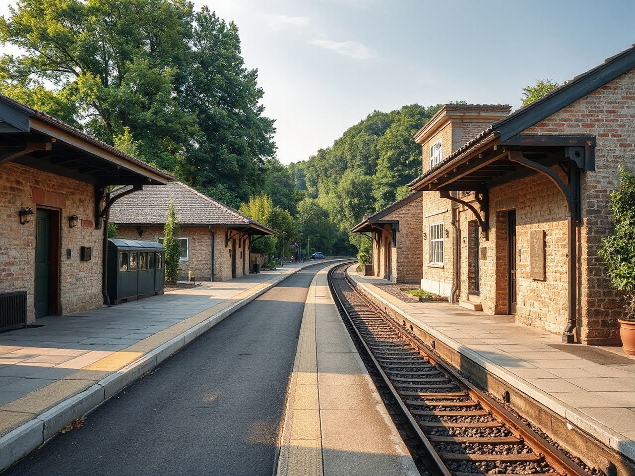 A quiet regional train station platform bordered by rustic stone buildings and lush greenery in daylight
