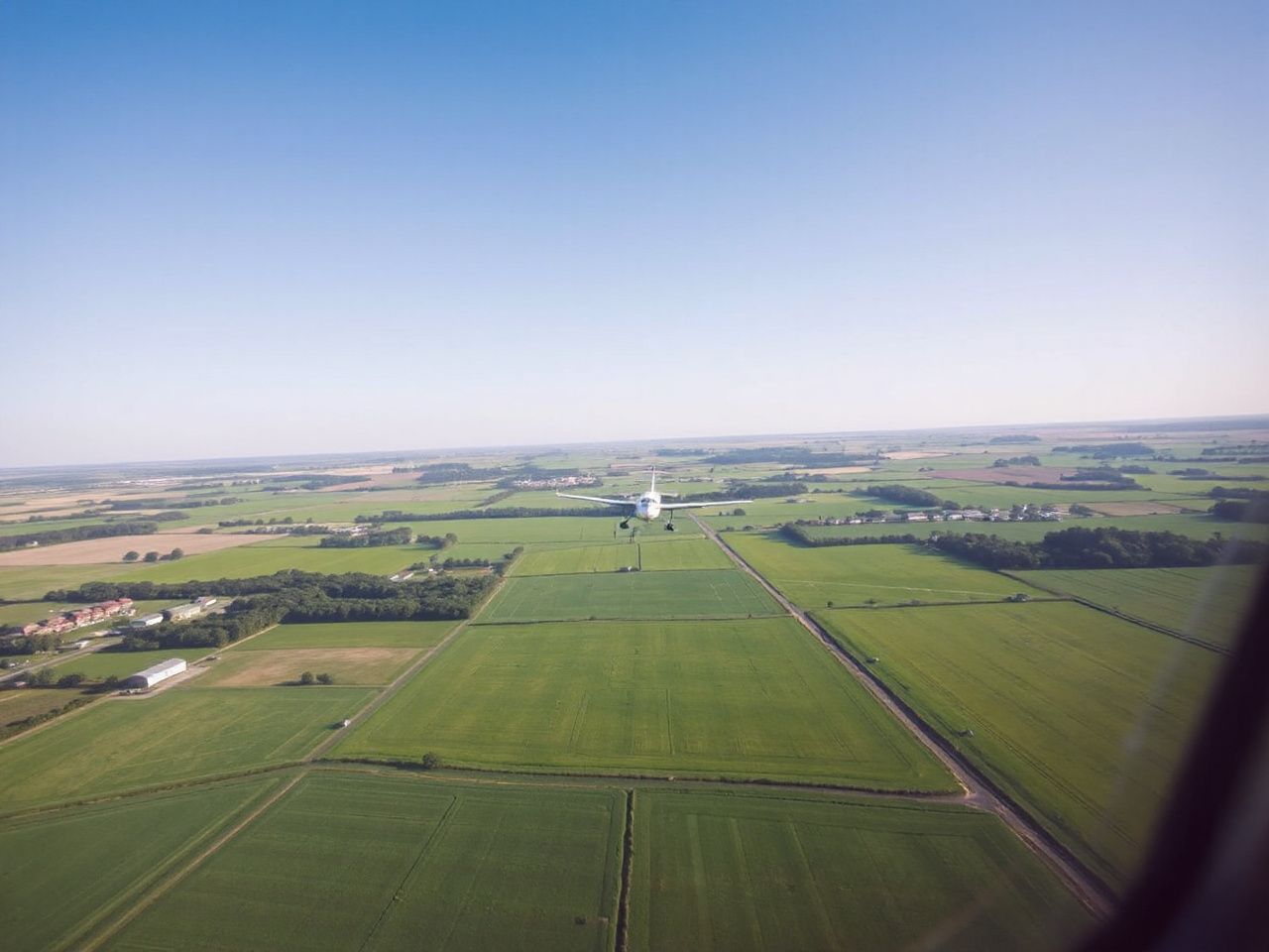 A small propeller plane flying over green farmland under a clear blue sky, seen from far away