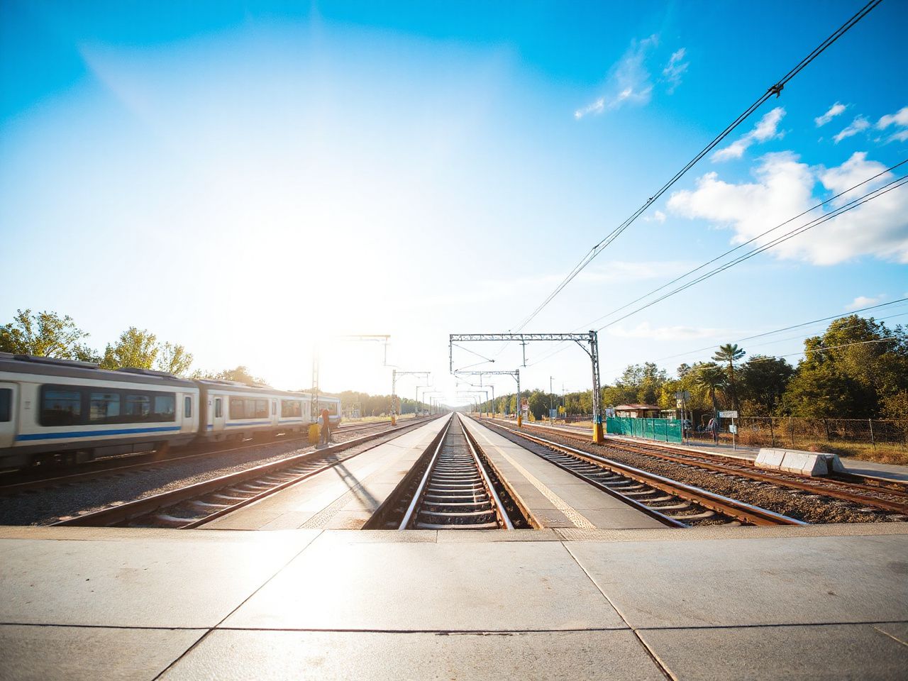 Sunlit train platform with tracks stretching into the distance beneath a clear blue sky