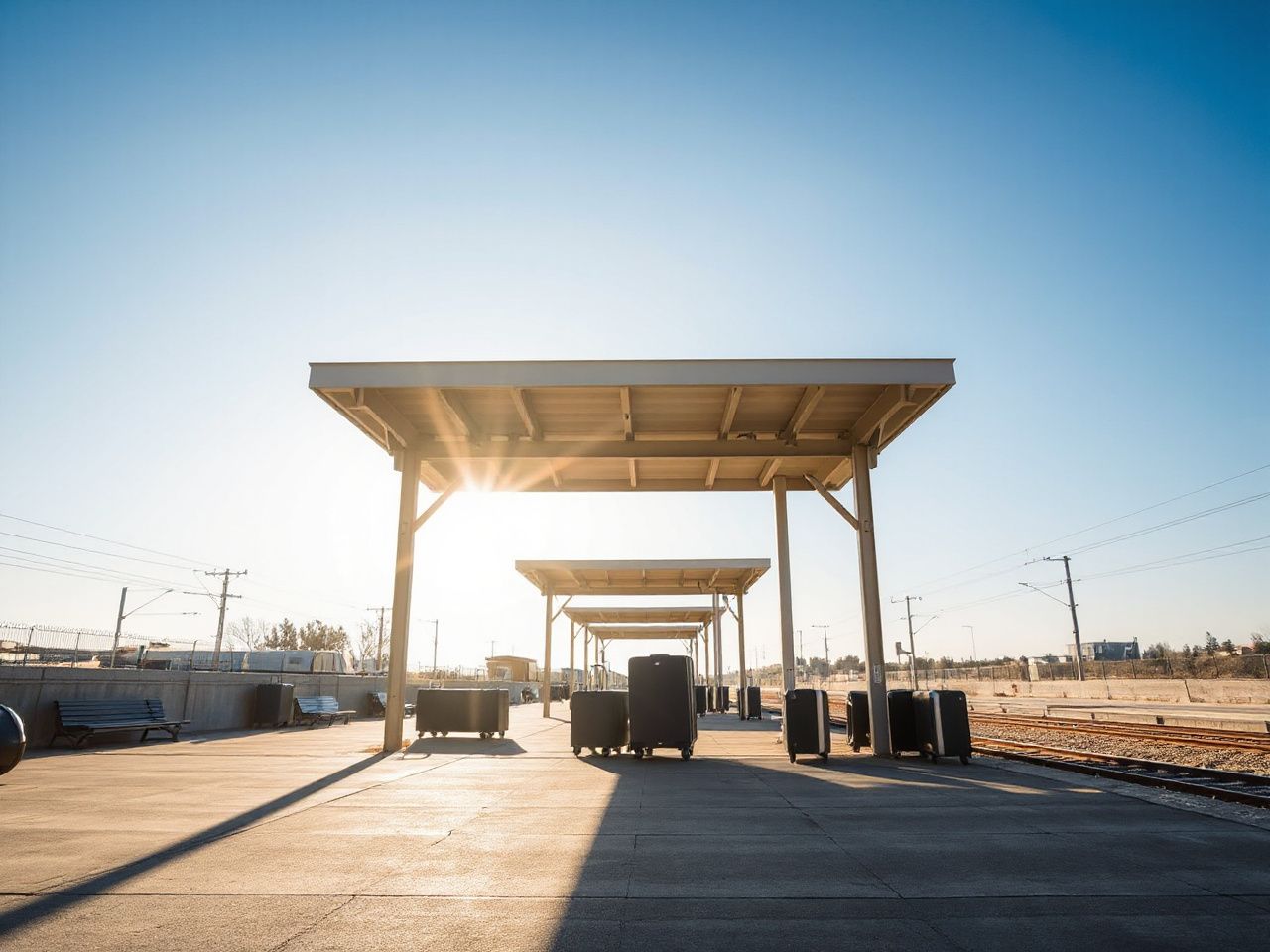 A sunlit train platform with scattered luggage carts and empty benches under a clear blue sky