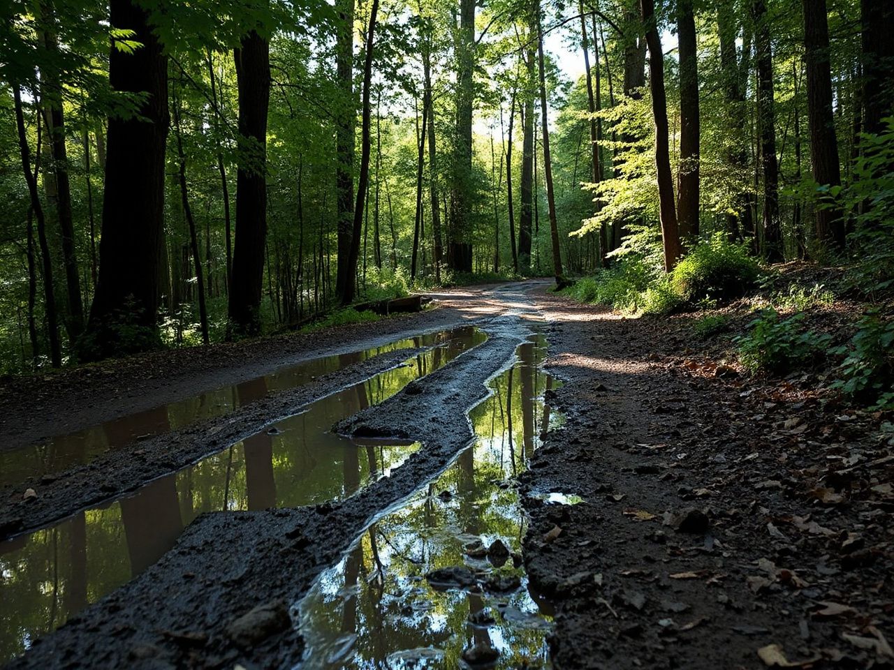 A muddy forest trail with puddles reflecting sunlight, surrounded by dense green foliage and tall trees