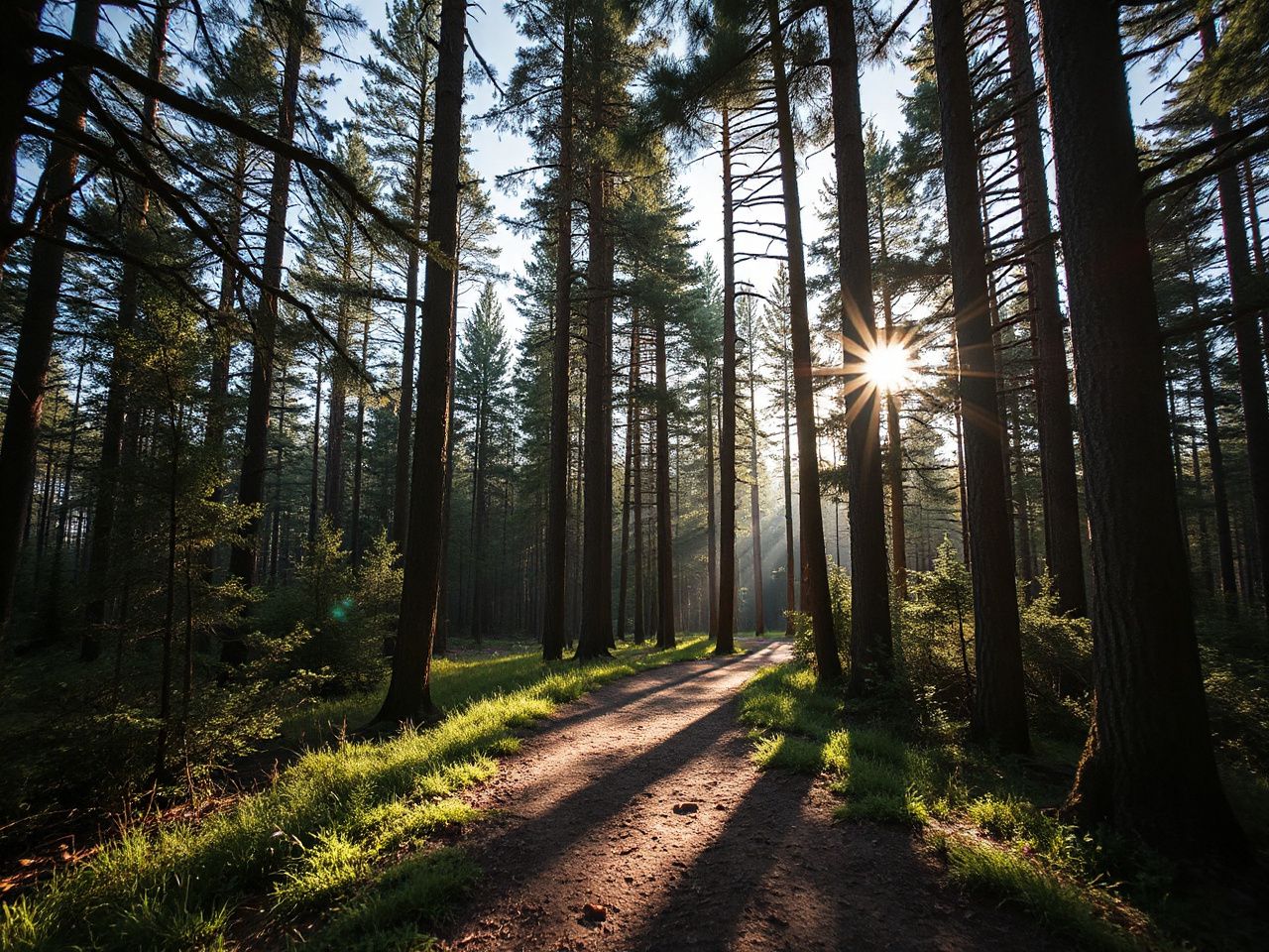 Sunlit forest trail winding through tall pine trees, perfect for spontaneous last minute camping adventures