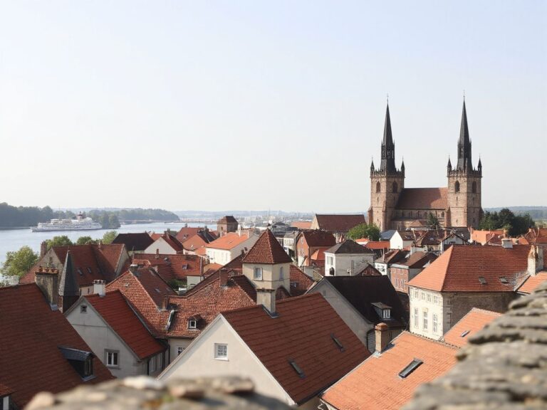 A historic European old town with red-tiled roofs, church spires and a wide river, landscape photograph