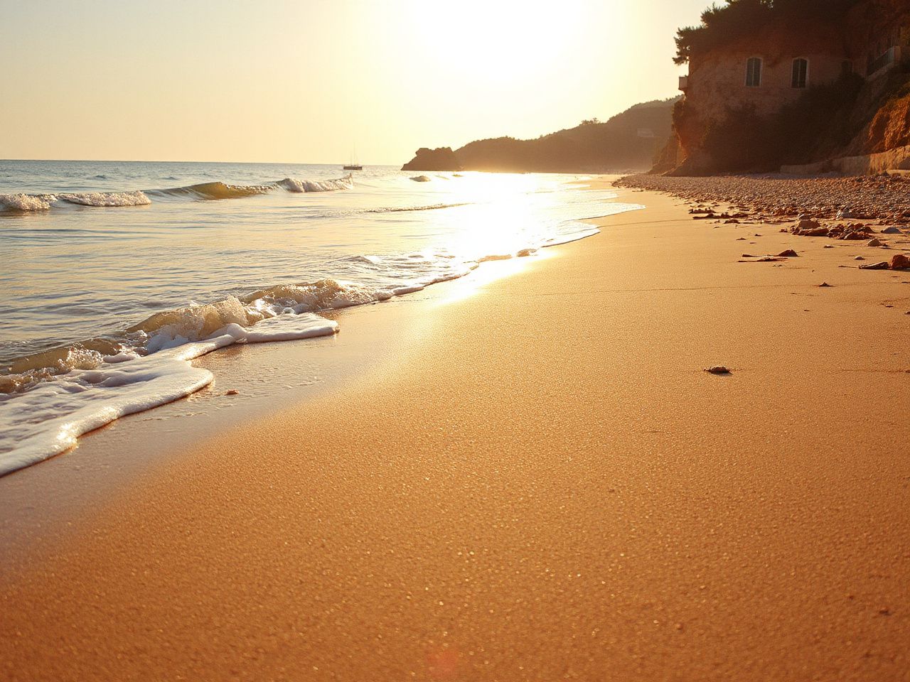 A sunlit Mediterranean beach with golden sand and gentle waves lapping against the shore
