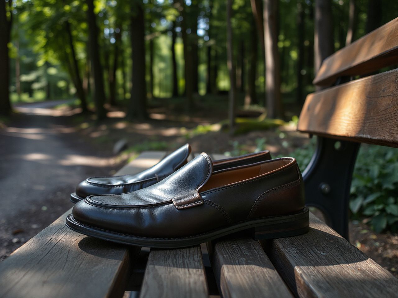 A pair of leather slip-on shoes resting on a sunlit wooden bench beside a forest trail