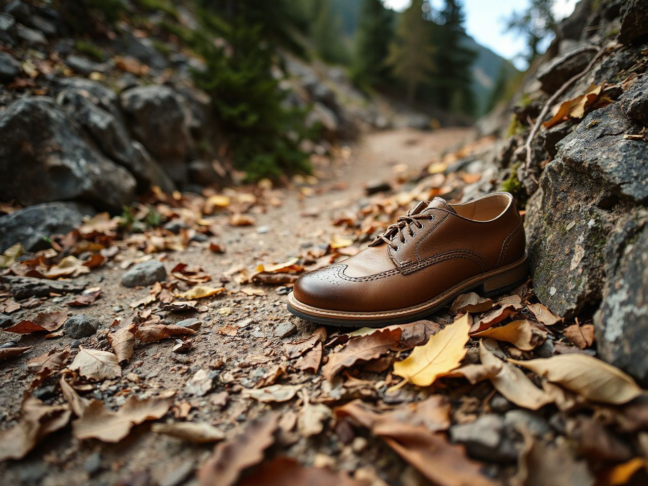 Close-up of a rugged mountain trail with scattered leaves highlighting durable leather shoe craftsmanship outdoors