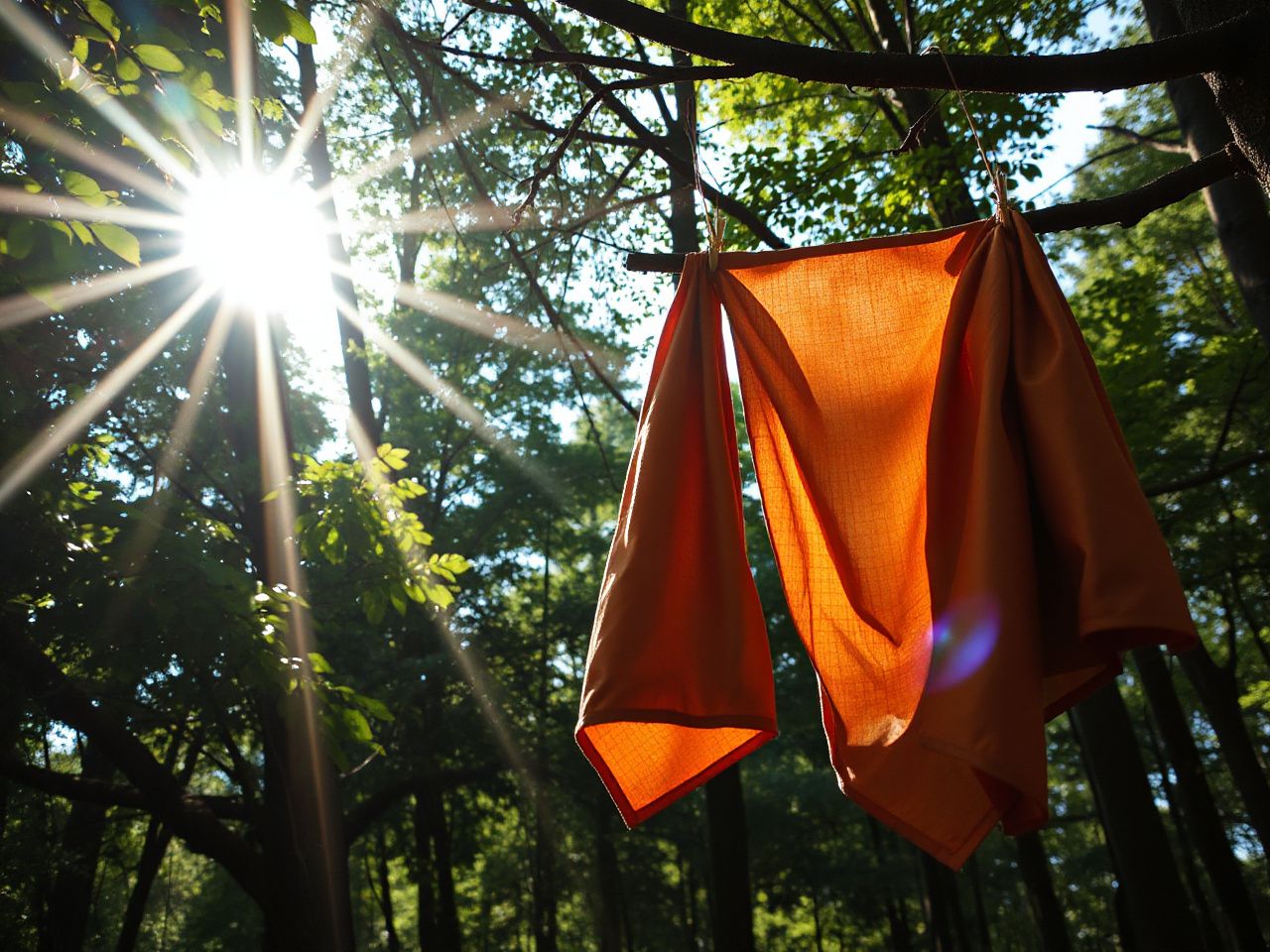 Sunlight filters through a dense forest canopy, highlighting the texture of lightweight travel fabrics hanging on a branch