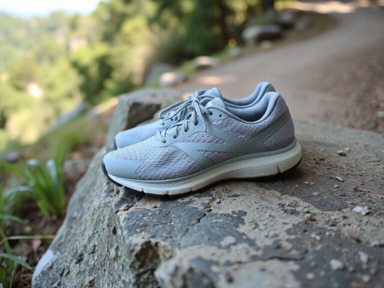 A pair of plain grey running shoes with no logos resting on a flat rock beside a trail