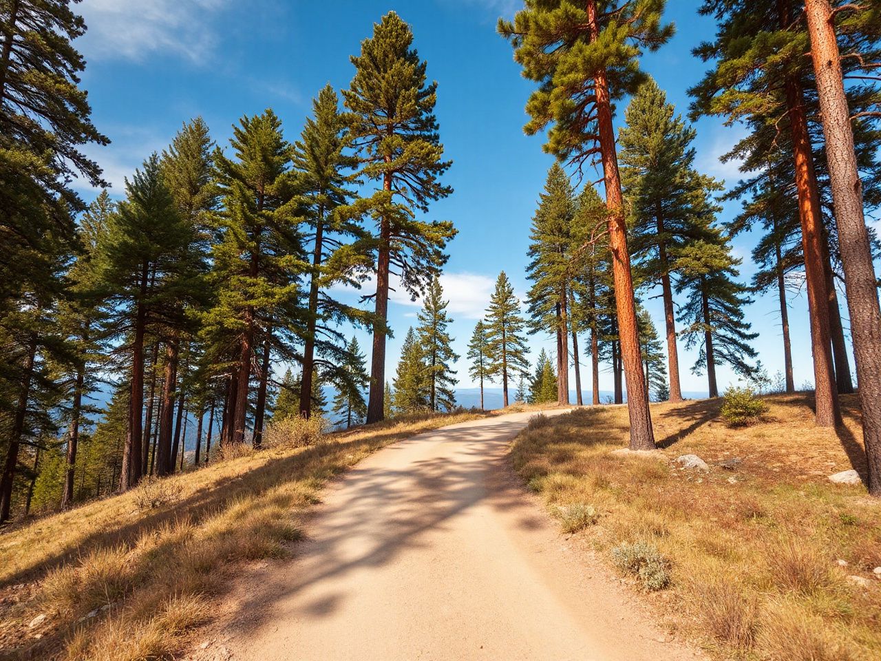 A winding mountain trail surrounded by tall pine trees under a bright blue sky