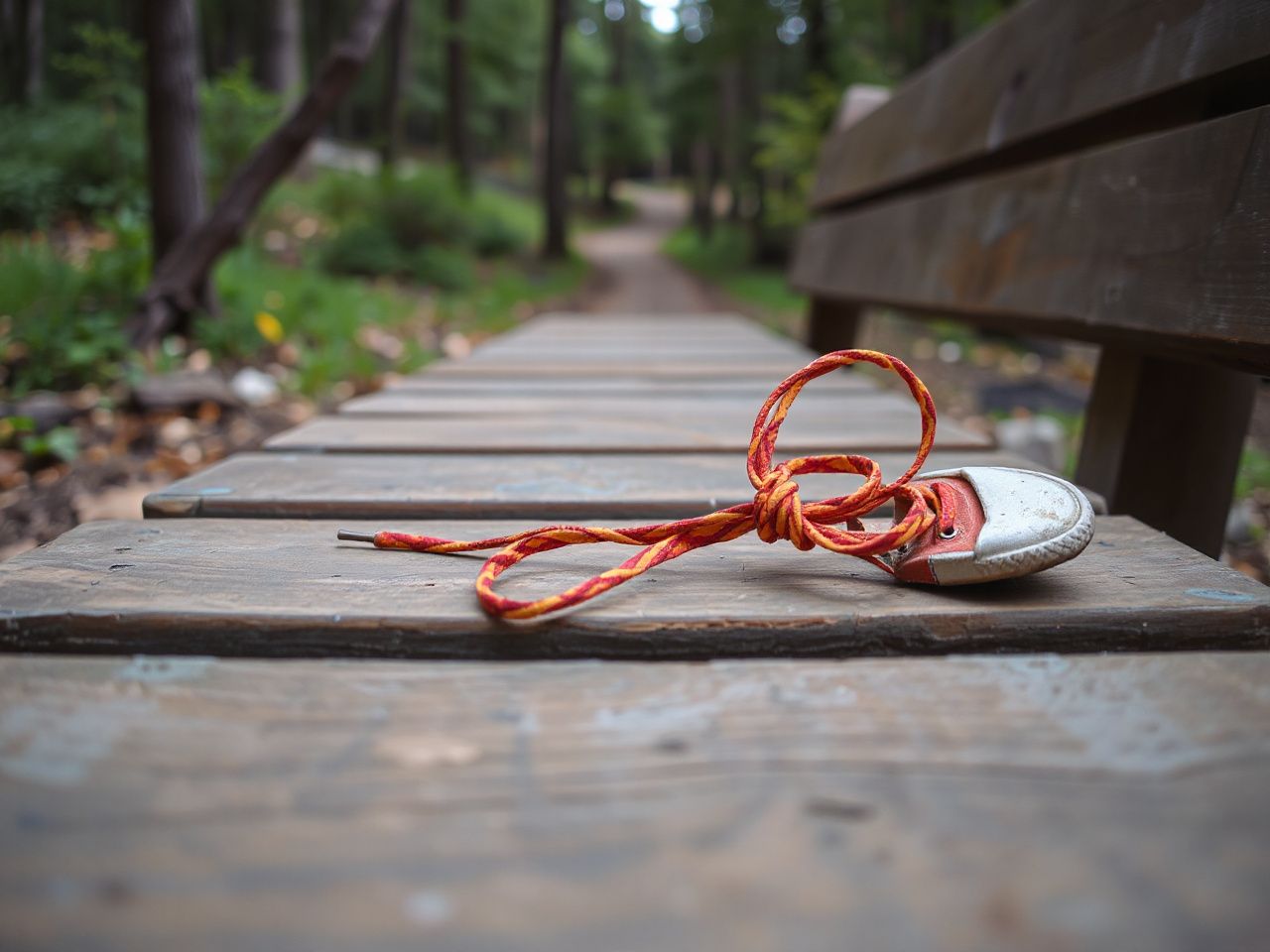 Close-up of colorful shoelaces tied on a weathered wooden bench beside a forest path