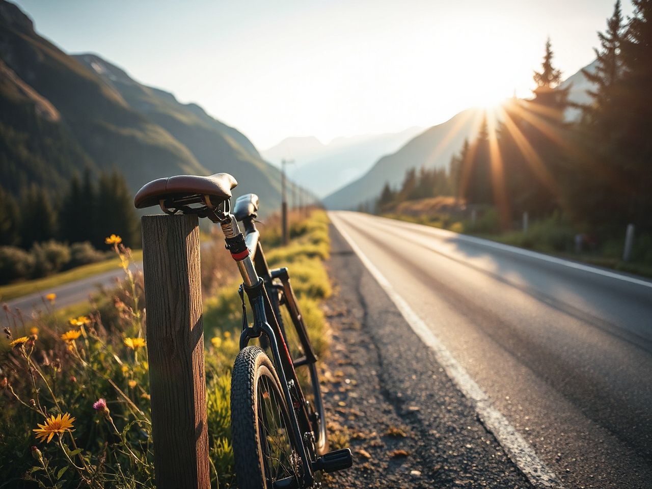 A sunlit mountain road with a bicycle saddle resting on a wooden fence post beside wildflowers