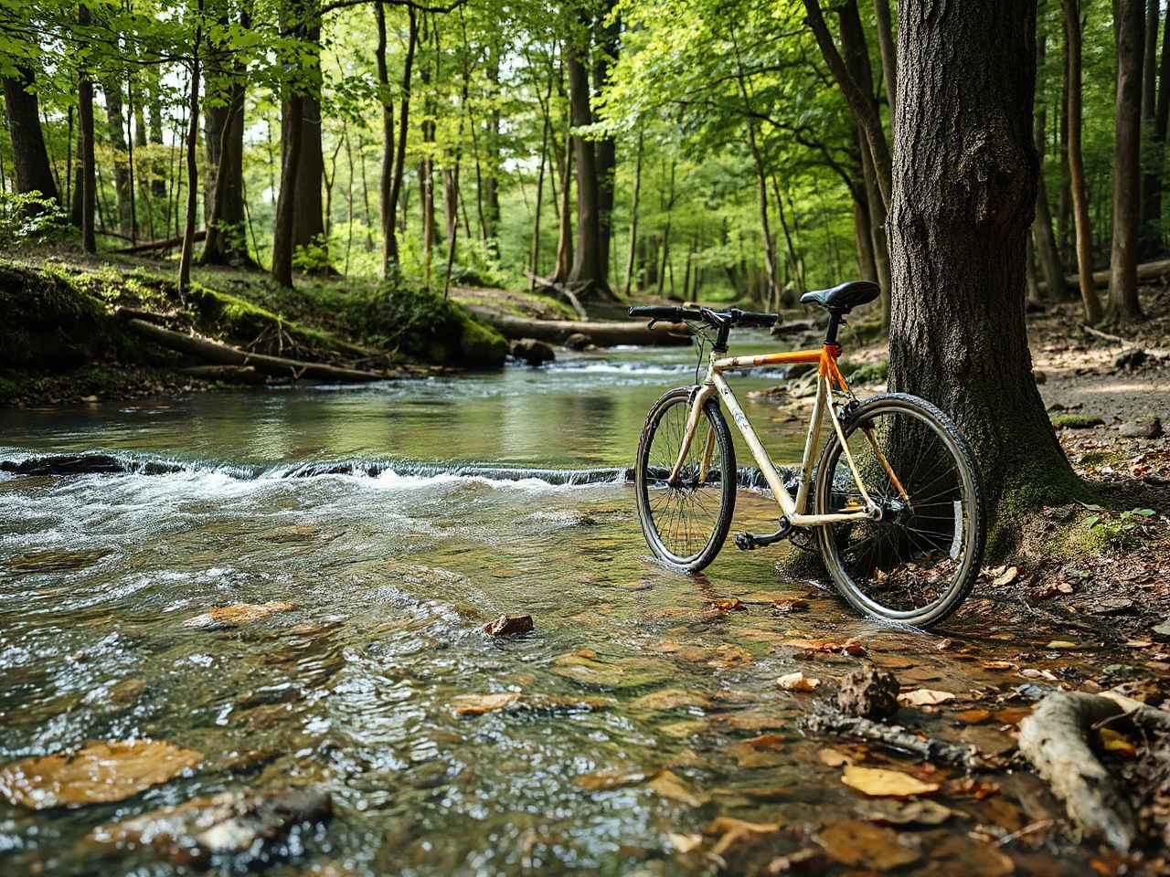 A clear water stream flowing through a forest clearing, with a bicycle leaning against a tree trunk nearby