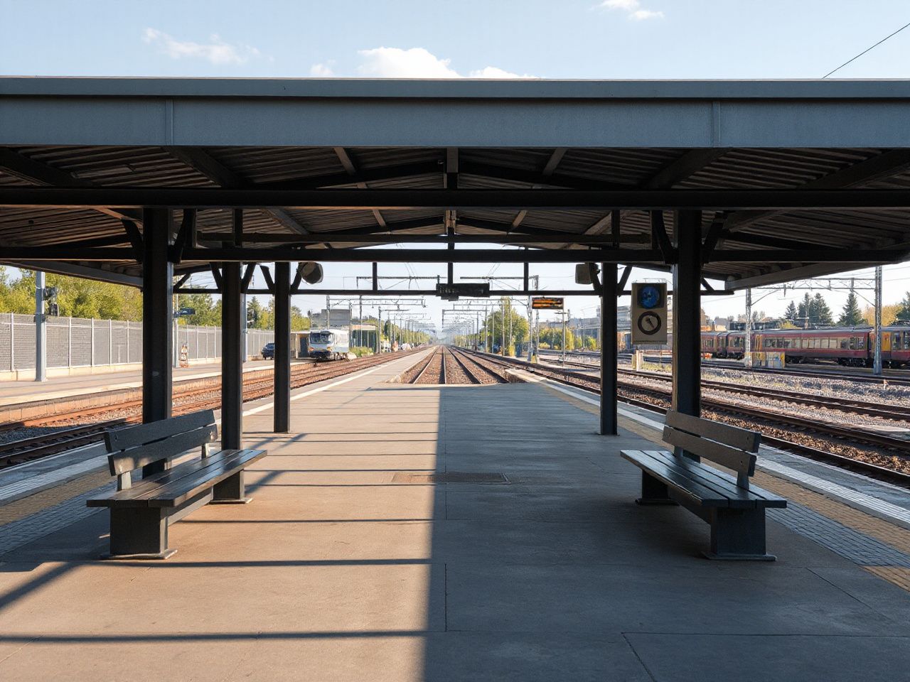 A sunlit station platform with empty benches and distant train tracks stretching into the horizon