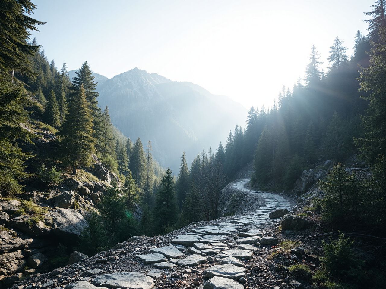 A steep mountain trail winding through dense forest under bright sunlight, highlighting rugged terrain challenges