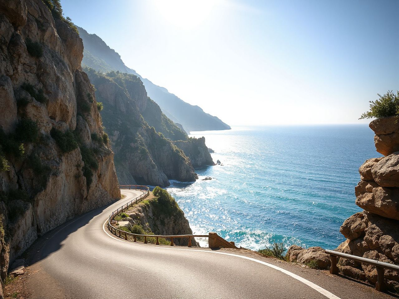 A sunlit coastal road hugging dramatic cliffs with the sparkling blue sea of the Amalfi Coast below