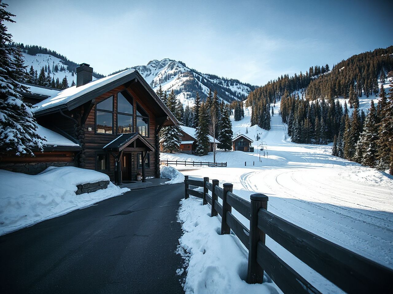 A cozy mountain lodge nestled at the base of snowy slopes with ski trails leading directly outside