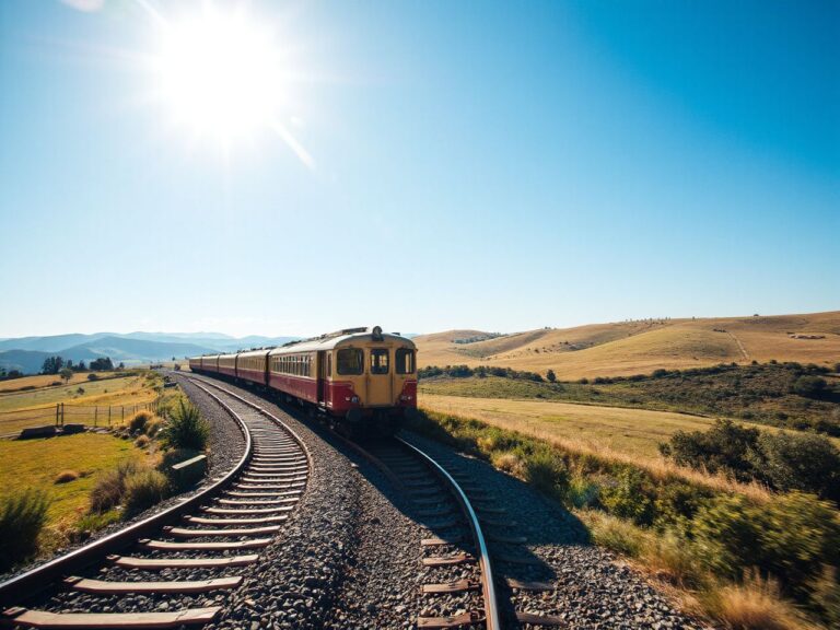A vintage luxury train glides along sunlit tracks through rolling Tuscan hills under a clear blue sky