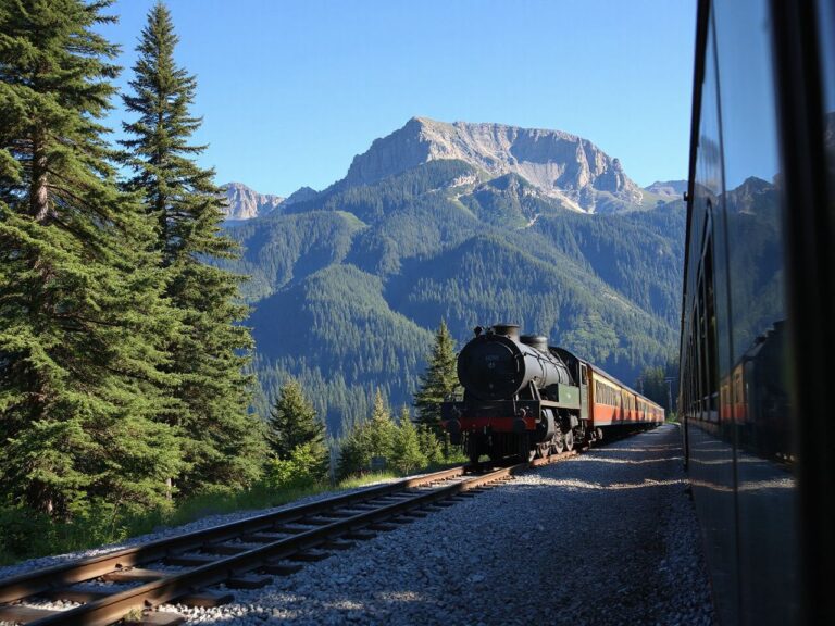 A vintage train gliding along a sunlit mountain railway surrounded by lush green forests and clear blue skies