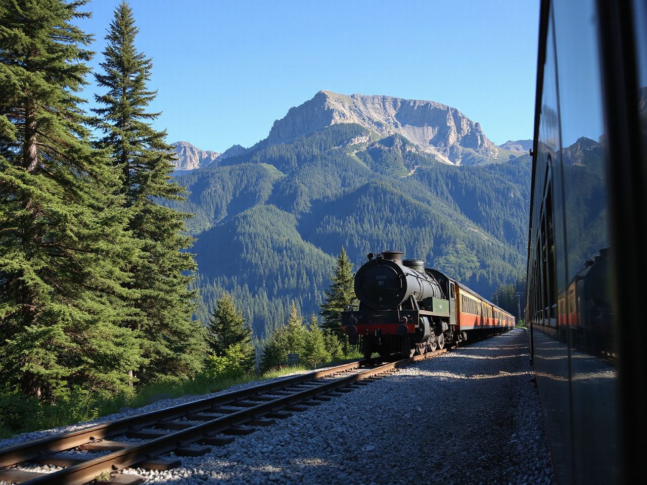 A vintage train gliding along a sunlit mountain railway surrounded by lush green forests and clear blue skies