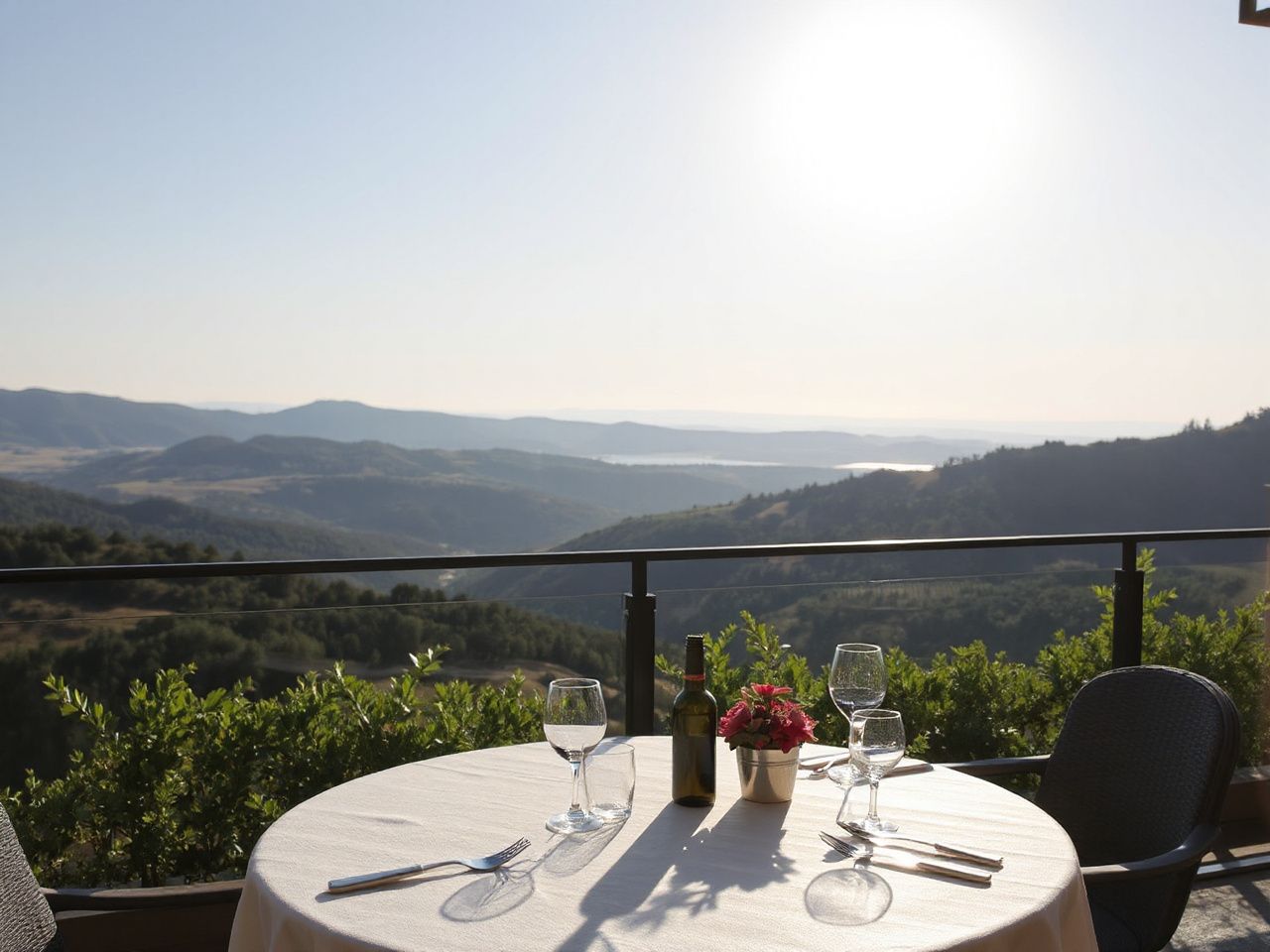 A panoramic view from a scenic outdoor dining terrace overlooking rolling hills and distant valleys under a bright midday sun