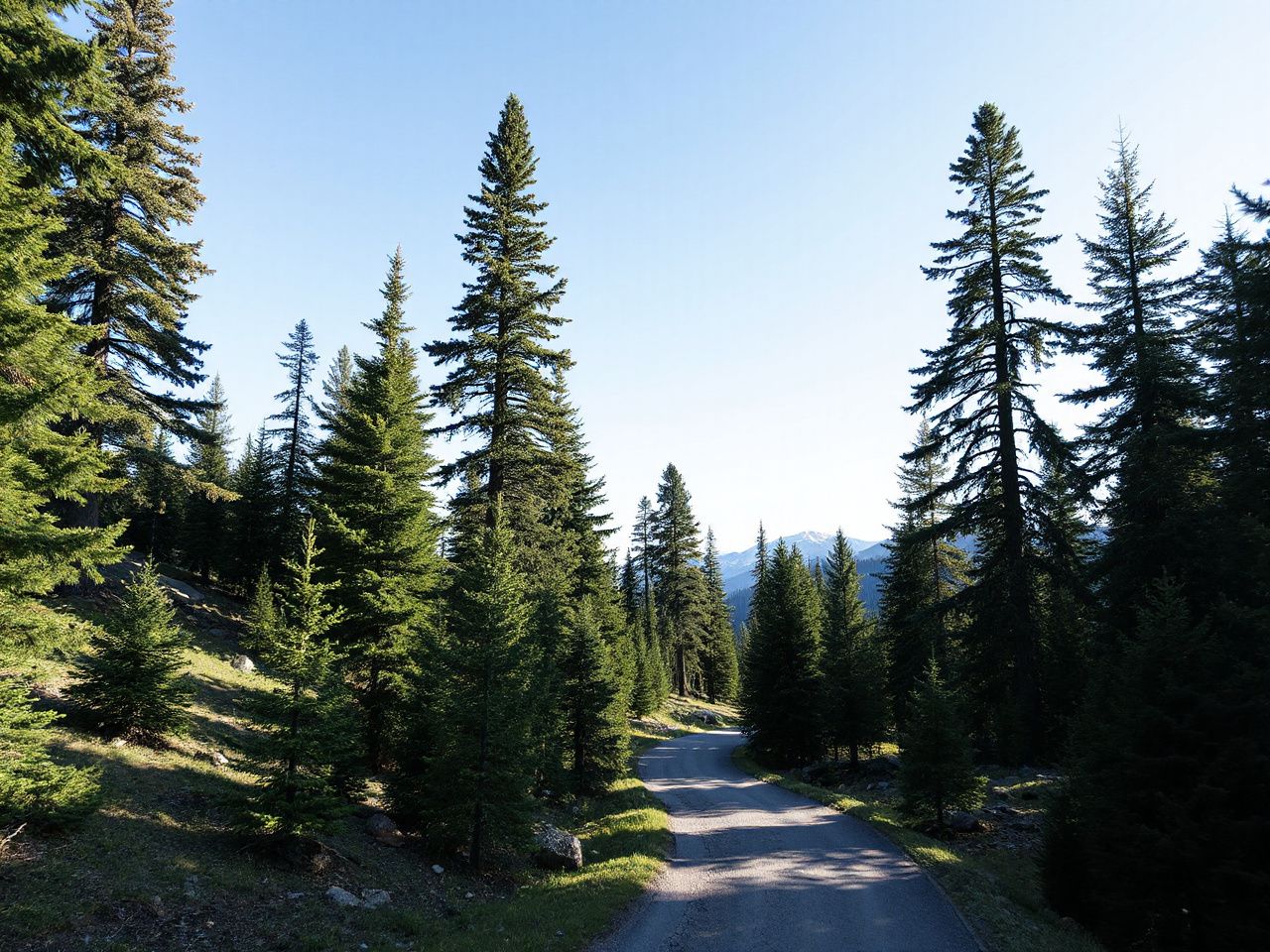 A winding mountain trail surrounded by towering pine trees under a bright blue sky