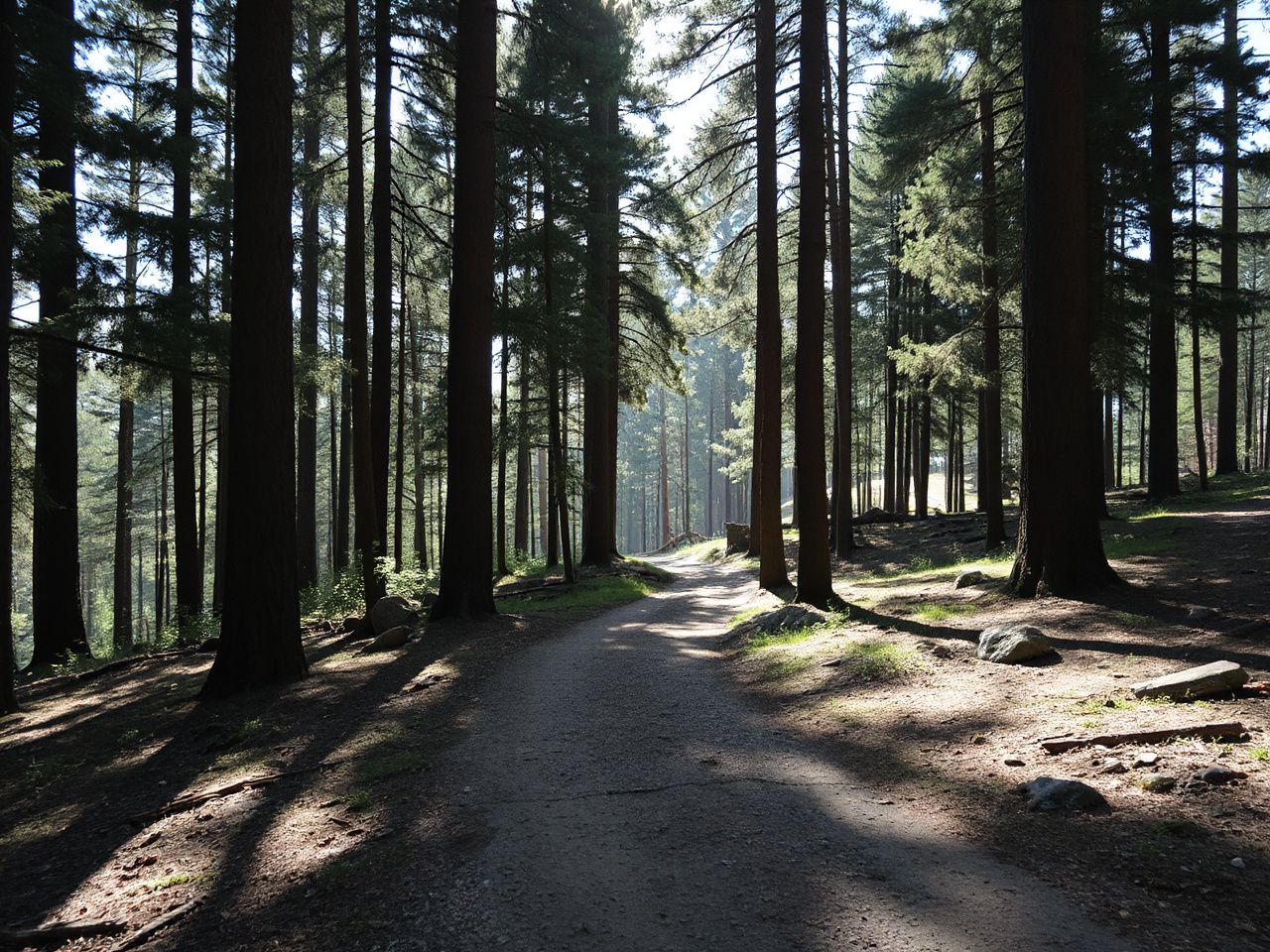 Sunlit forest trail winding through tall pine trees, with scattered rocks and dappled shadows on the ground