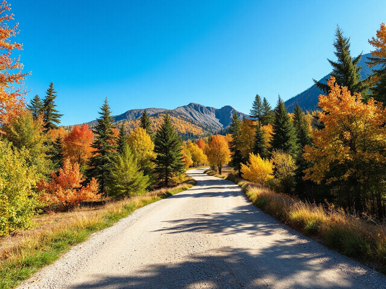A sunlit mountain trail winding through colorful autumn trees under a clear blue sky