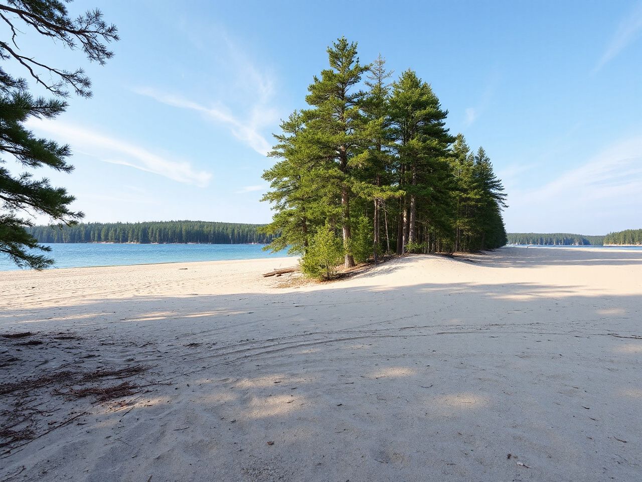 A serene view of McLain State Park’s dual shoreline, where sandy beach meets lush forest under a clear sky