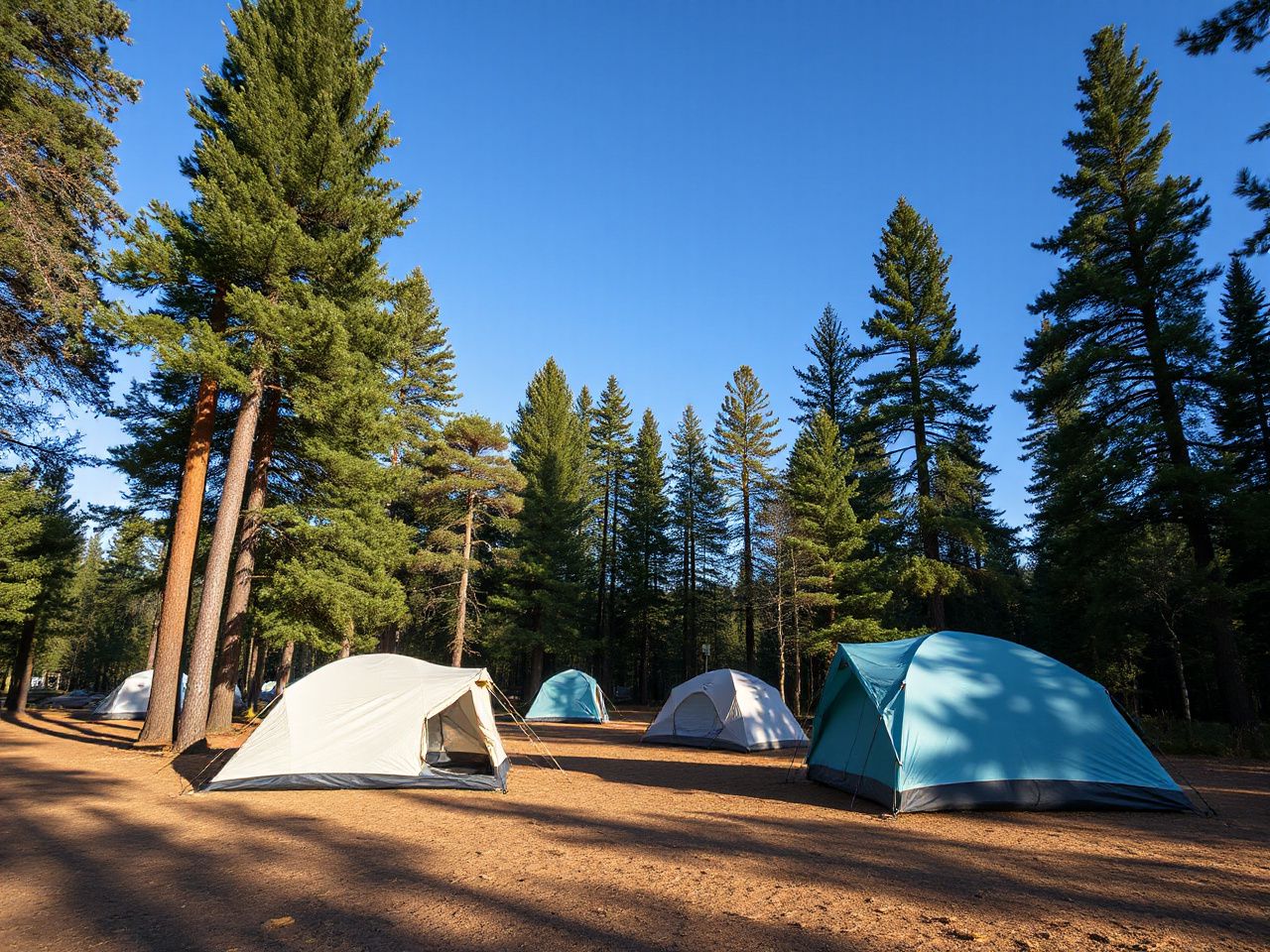A serene campsite with tents pitched among tall pine trees under a bright blue sky