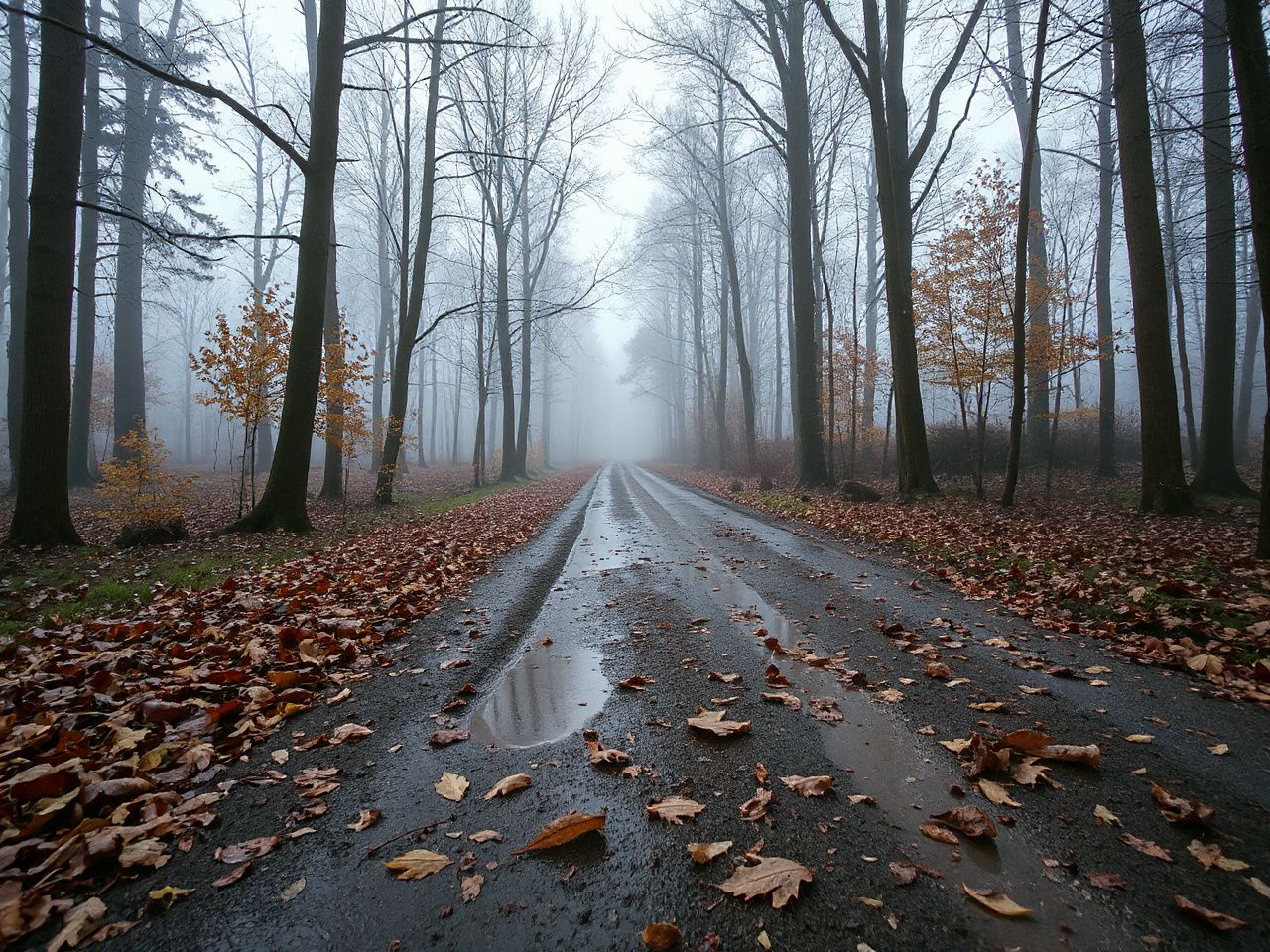 Misty forest path lined with wet leaves and puddles, under overcast skies in a chilly morning